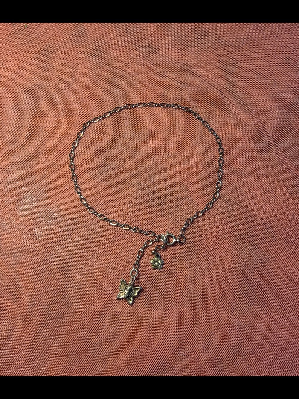 Delicate Butterfly & Flower Charm Ankle Bracelet - Silver Tone